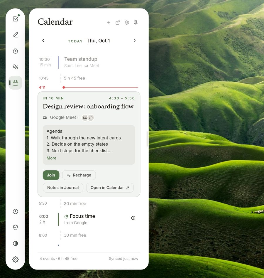 Calendar panel showing the day as a list, with the next meeting opened to show its agenda and buttons to join or open it in Google Calendar.