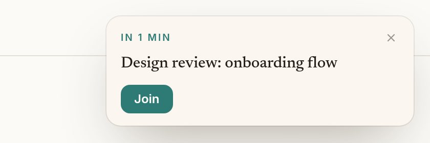Reminder card: In 1 min, Design review: onboarding flow, with a Join button.