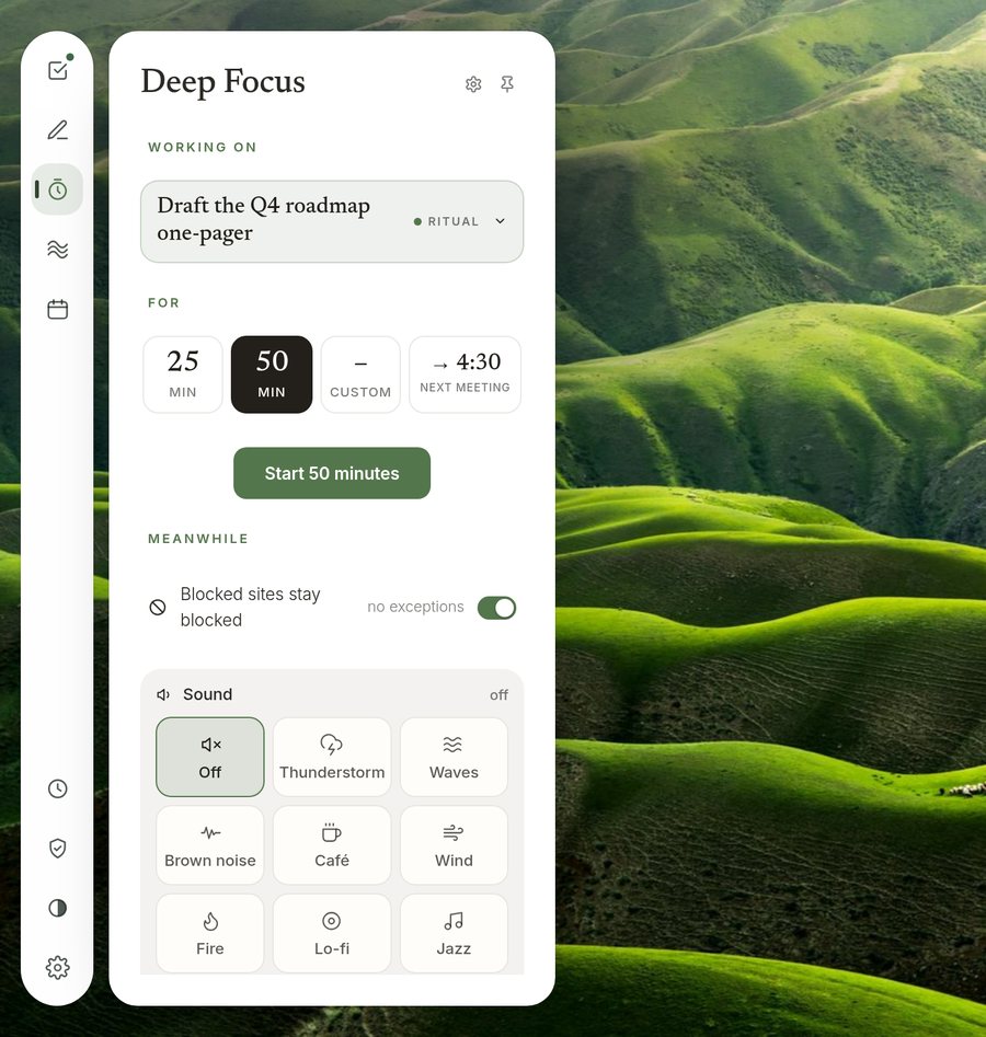 Deep Focus setup: the task being worked on, length tiles for 25, 50 or a custom time, and sound choices.