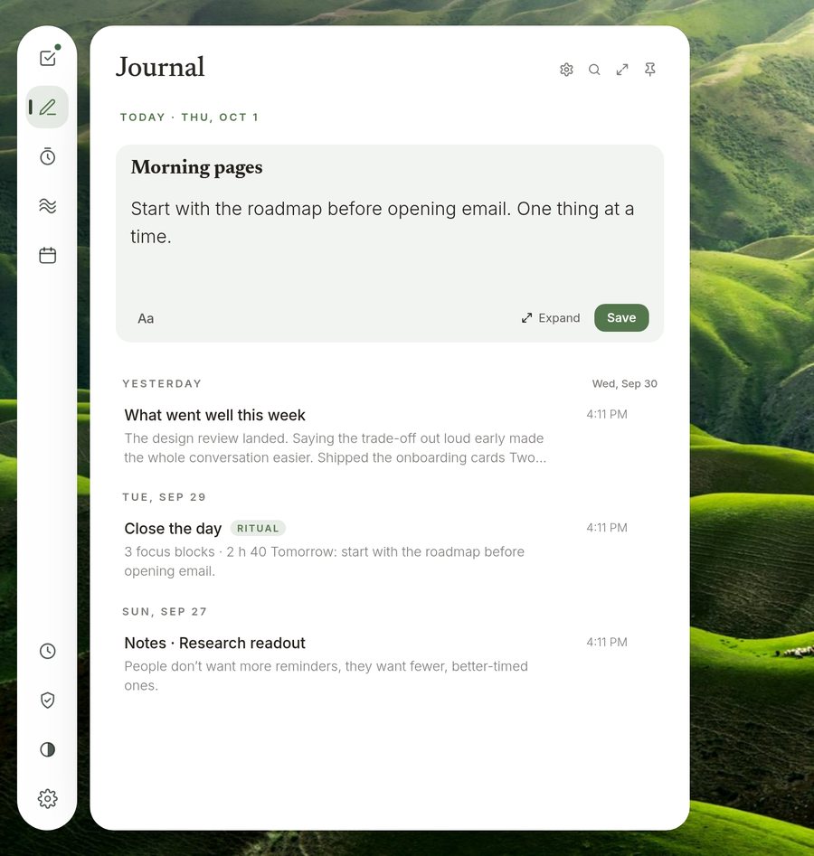 Journal panel with today’s entry and earlier entries listed by day.