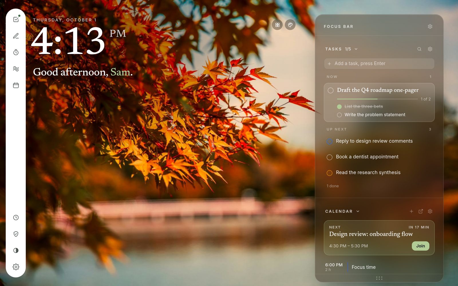 The new tab with an autumn leaves background.