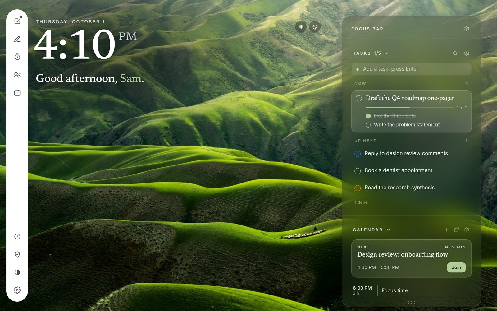Ritual’s new tab: the time and a greeting over green hills, a sidebar of tools on the left, and the Focus Bar on the right with today’s tasks and the next meeting.