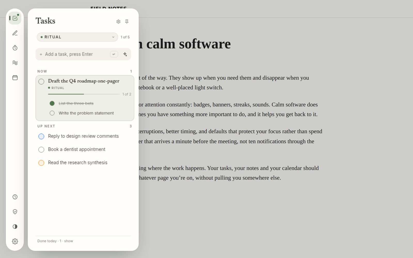 Ritual’s sidebar open over an article, showing the Tasks panel.