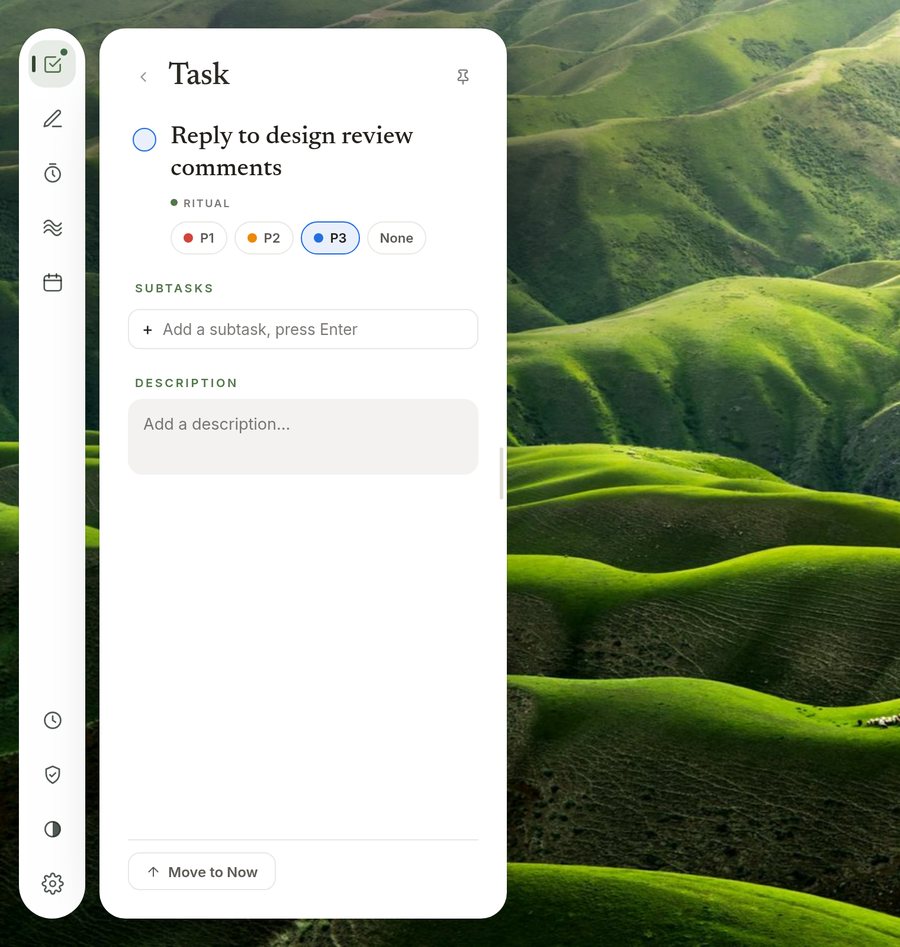 A task opened on its own, with priority chips, a subtasks field and a description box.