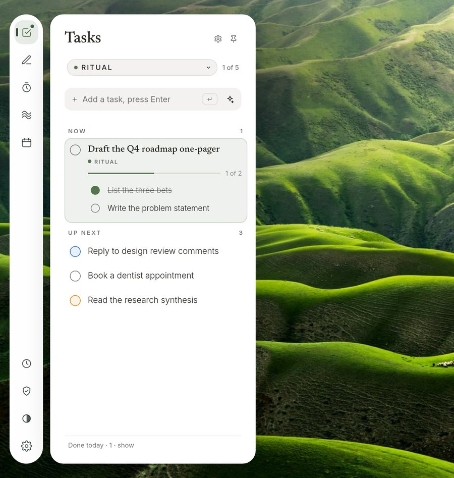 Tasks panel with a task in Now showing 1 of 2 steps, and three tasks in Up next.