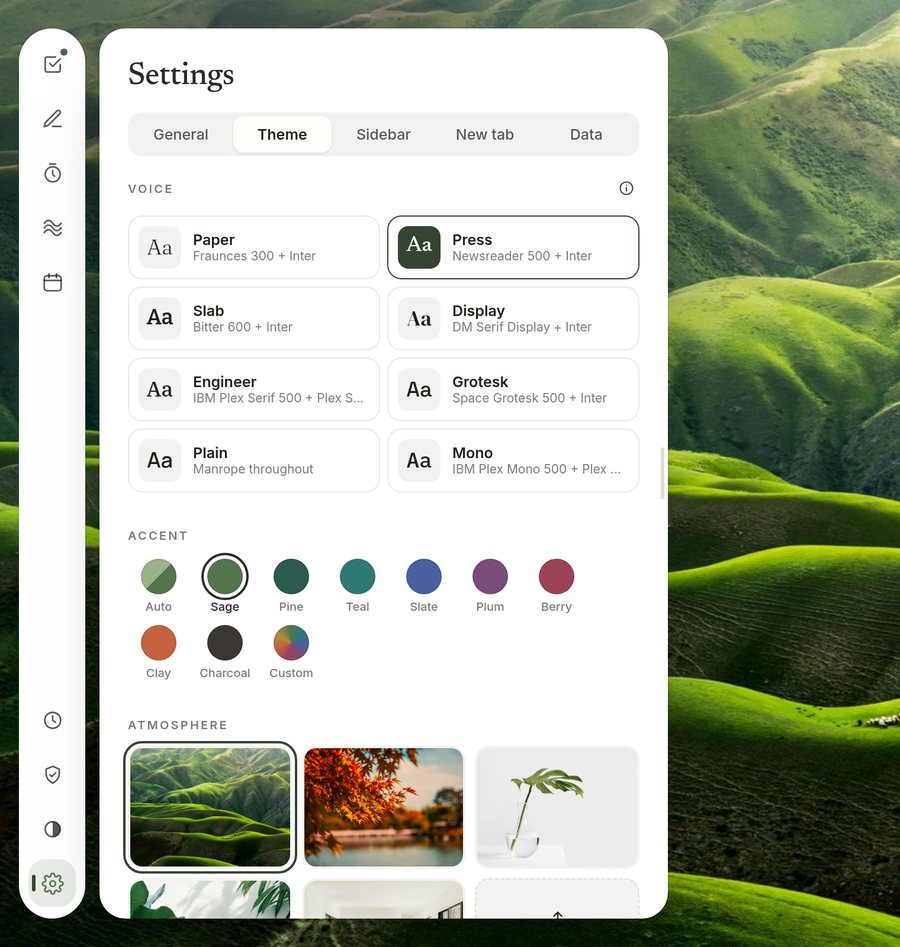 Theme settings with type voices, accent colours and background atmospheres.