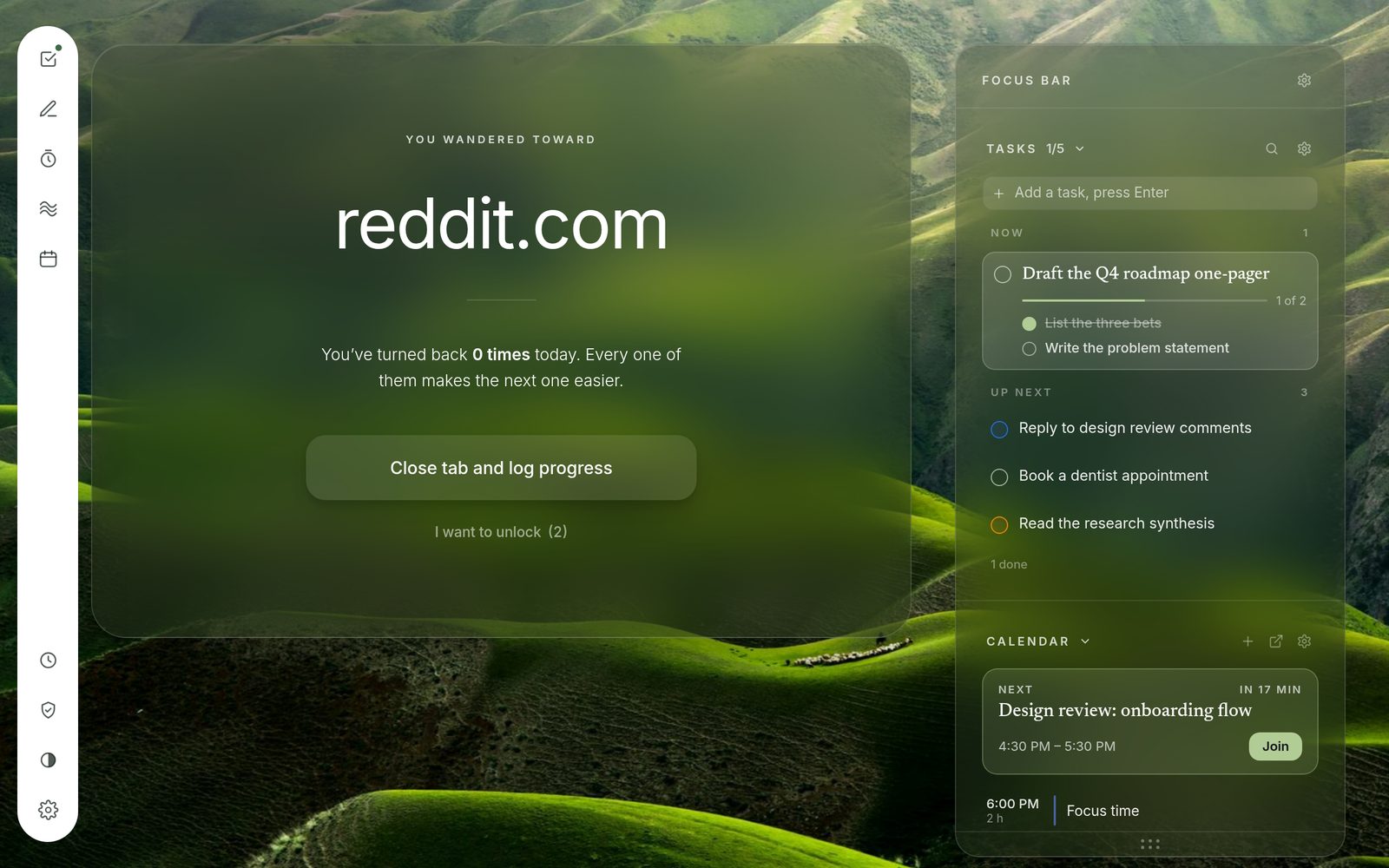 The turn-back screen: You wandered toward reddit.com, with a button to close the tab.